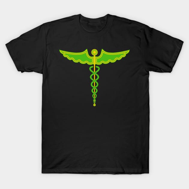 Caduceus Staff of Hermes Green & Yellow T-Shirt by Wareham Spirals